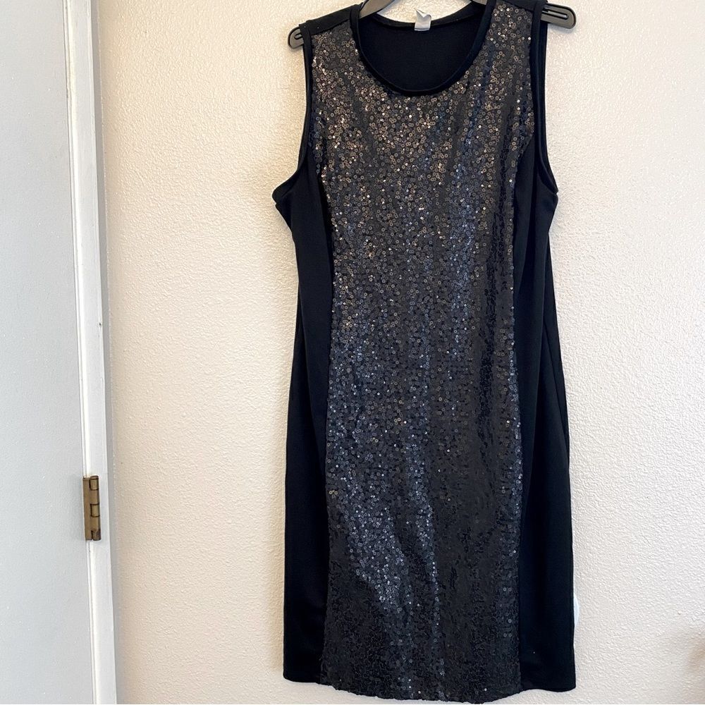 Old Navy black sleeveless crew cotton blend sequin front formal shift dress -L